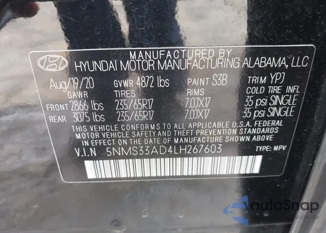 2020 Hyundai Santa Fe Sel из США, поврежденный, VIN 5NMS33AD4LH267603